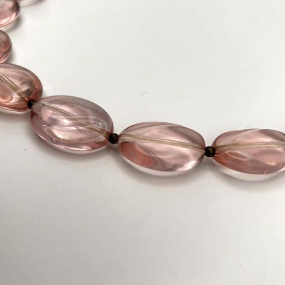 Vintage Pink Glass Bead Necklace Oval Molded Translucent Beads 24” Retro - Picture 6 of 11